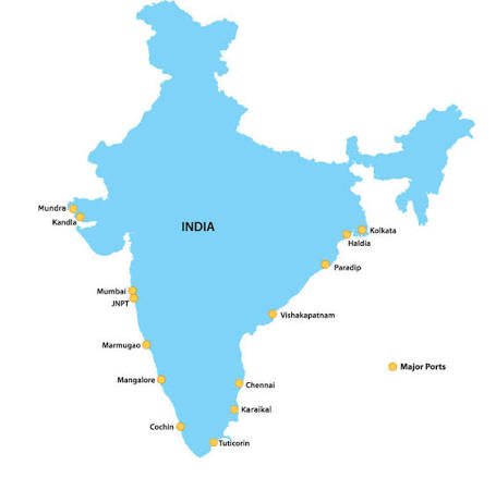 India Port Map — Kandla, Mundra, Mumbai, JNPT, Marmugao, Mangalore, Cochin, Tuticorin, Chennai, Karaikal, Visakhapatnam, Paradip, Haldia, Kolkata